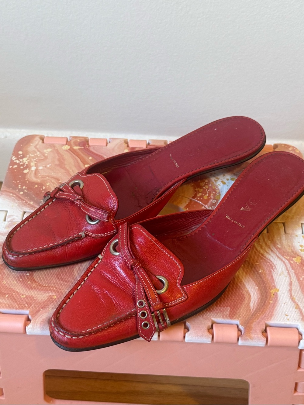 Vintage Prada Red Leather Slip-On Mule with Knot & Eyelet Detail